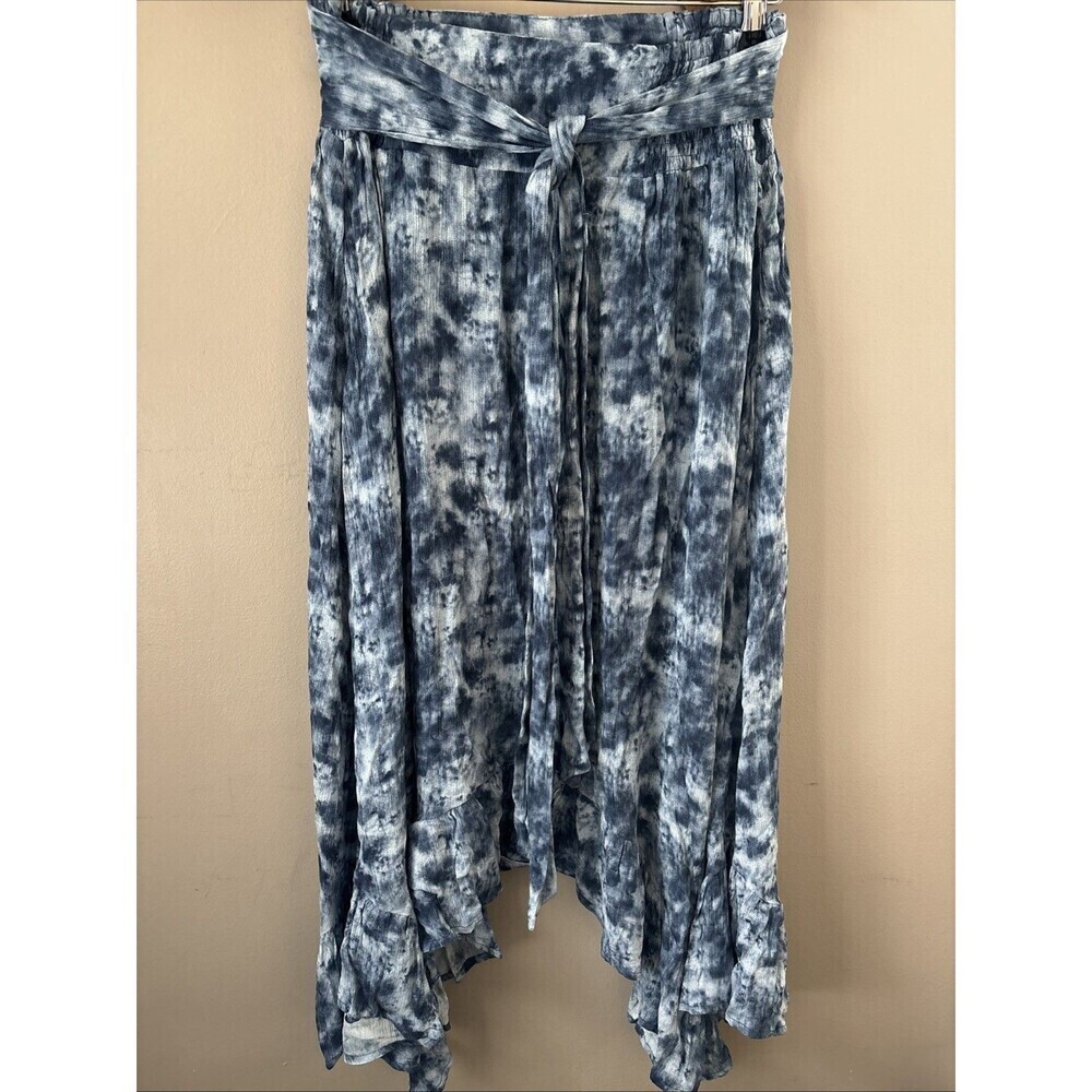 Kori America Women’s Large Blue Flowy Skirt Asymmetrical Hem Tie Back